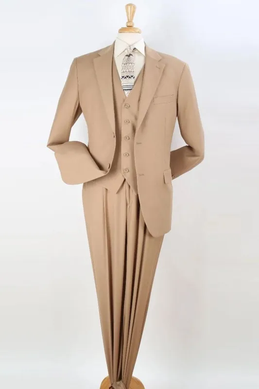 "Classic Fit Men's Vested Suit with Two-Button Pleated Pants in Camel" sold by Alberto Nardoni