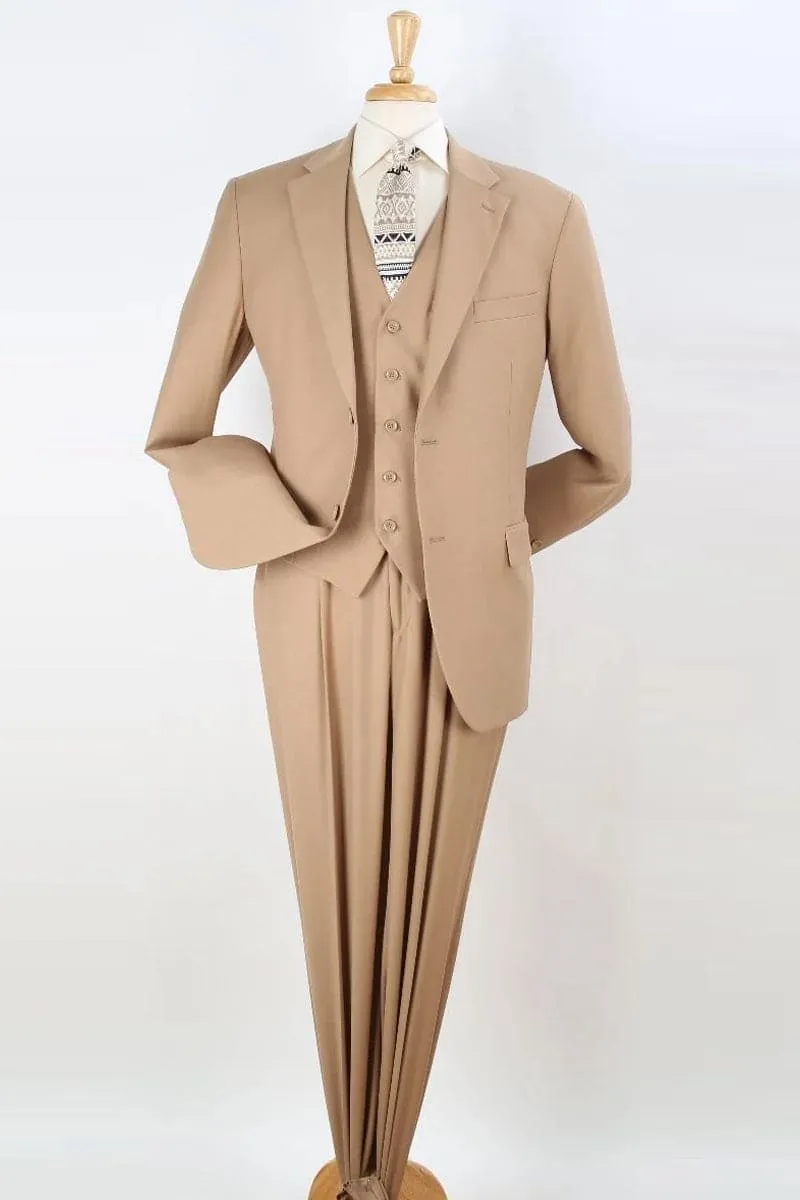 "Classic Fit Men's Vested Suit with Two-Button Pleated Pants in Camel" sold by Alberto Nardoni