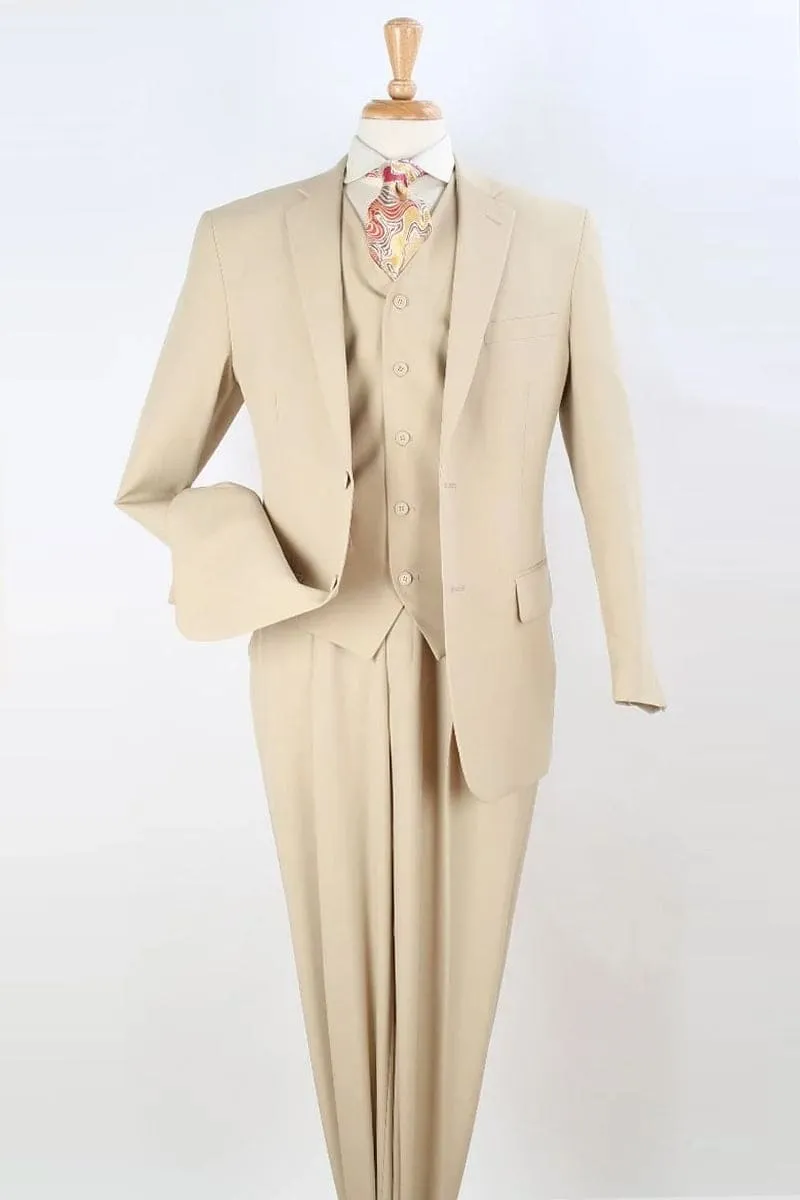 "Classic Fit Men's Vested Suit with Two Button Pleated Pant in Tan" sold by Alberto Nardoni