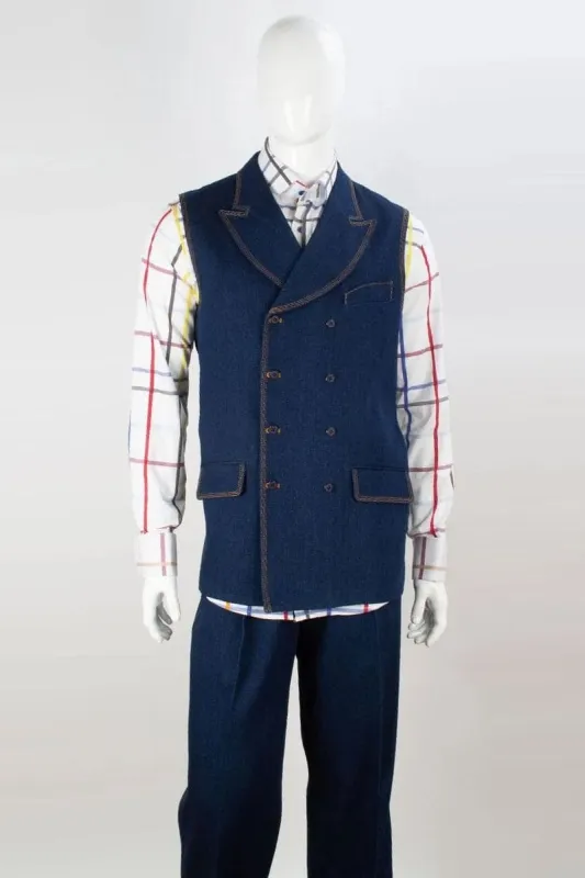 "Blue Denim Vest and Pant Set - Men's Double Breasted Peak Lapel" sold by Alberto Nardoni