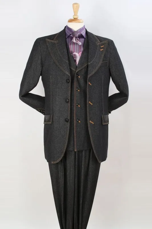 "Black Denim Men's Suit with Vested Peak Lapel & Wide Leg Pants" sold by Alberto Nardoni