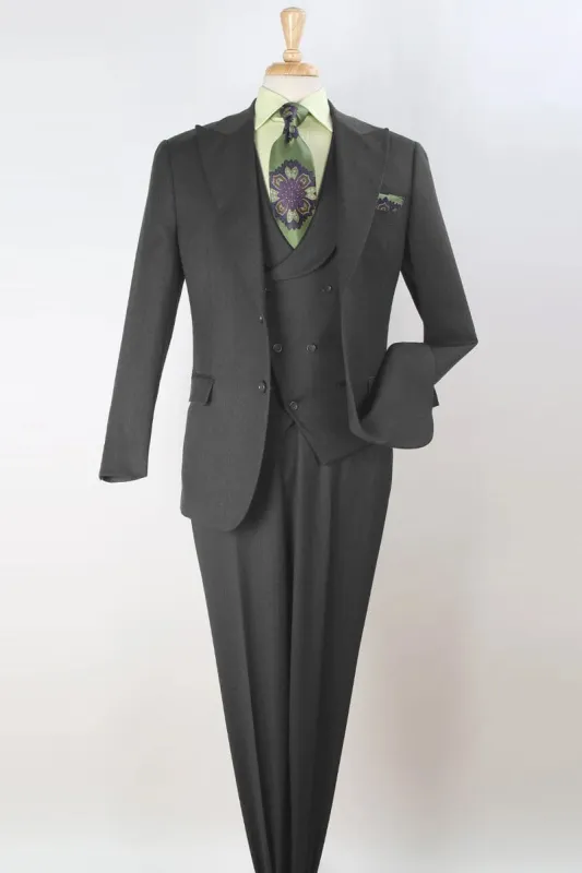 "Charcoal Grey Wool Suit: Men's Double Breasted Vest with Wide Peak Lapel" sold by Alberto Nardoni
