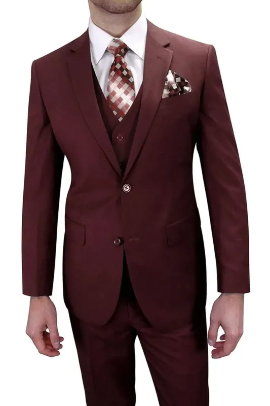 "Burgundy Men's Classic Fit Two-Button Vested Suit" sold by Alberto Nardoni