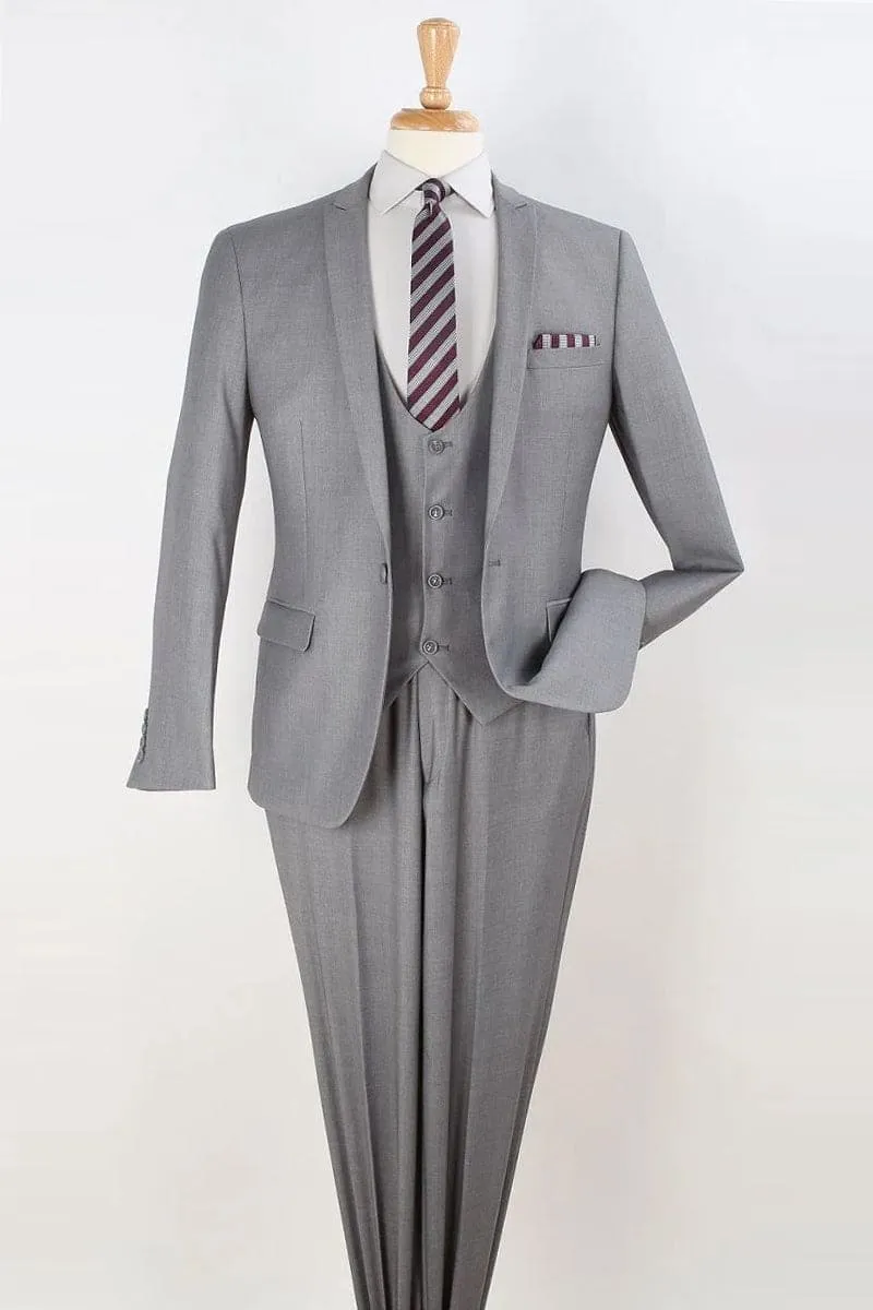 Apollo King "Light Grey Slim Fit Men's Suit with Vested Peak Lapel - One Button Style" sold by Alberto Nardoni