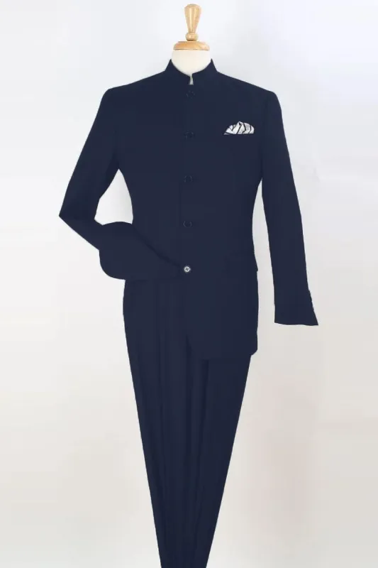 "Navy Blue Men's Fashion Suit with Mandarin Banded Collar - Five Button" sold by Alberto Nardoni