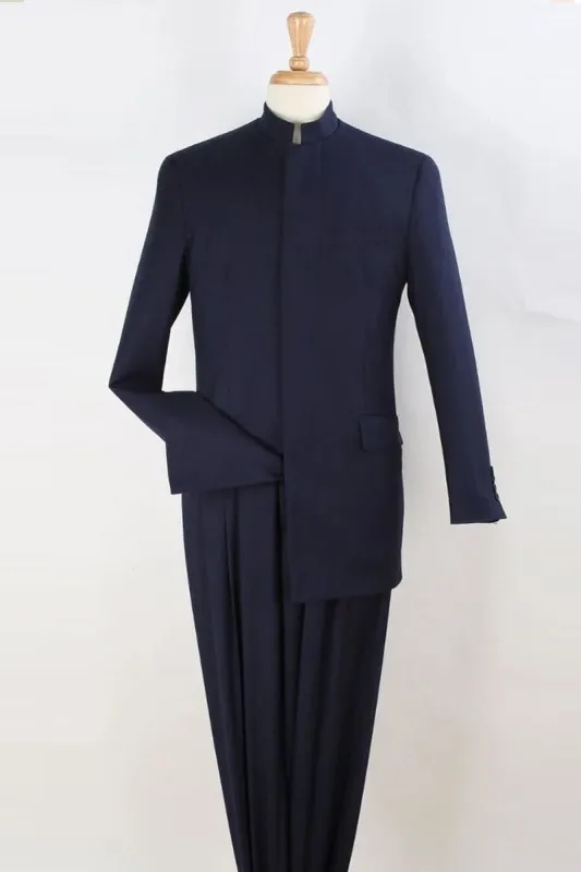 "Navy Men's Suit with Mandarin Banded Collar & French Front" sold by Alberto Nardoni