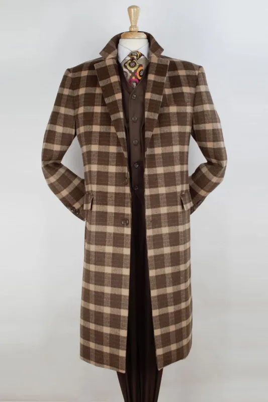 "Wool Dress Overcoat for Men - Full Length Brown Windowpane Pattern" sold by Alberto Nardoni