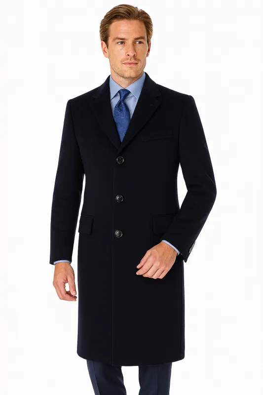 Pure Wool Full-Length Men’s Navy Overcoat – Classic Winter Dress Coat sold by Alberto Nardoni