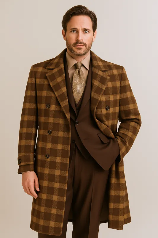 "Men's Double Breasted Wool Overcoat - Full Length, Belted, Brown Windowpane" sold by Alberto Nardoni