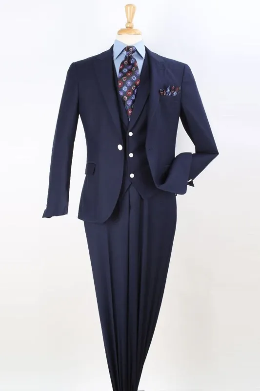 "Modern Fit Men's Navy Blue Fashion Suit - One Button Peak Lapel Vested" sold by Alberto Nardoni