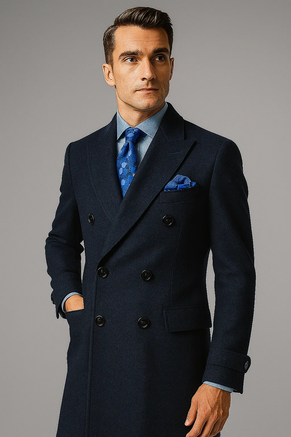 "Men's Navy Wool Peacoat – Double Breasted 3/4 Length Overcoat" sold by Alberto Nardoni product image thumbnail 4