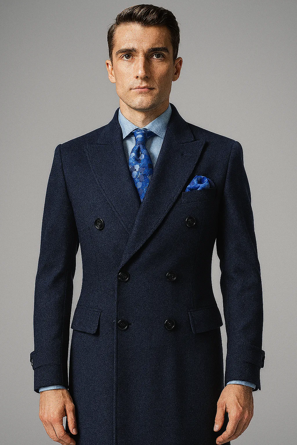 "Men's Navy Wool Peacoat – Double Breasted 3/4 Length Overcoat" sold by Alberto Nardoni