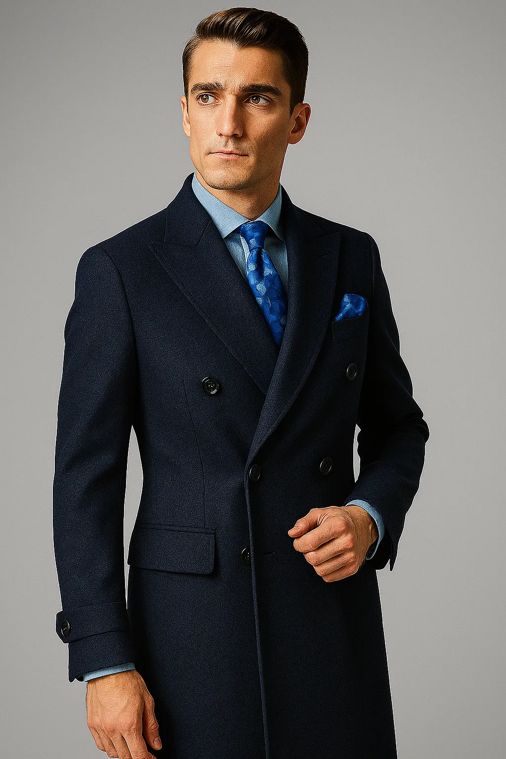 "Men's Navy Wool Peacoat – Double Breasted 3/4 Length Overcoat" sold by Alberto Nardoni product image thumbnail 3