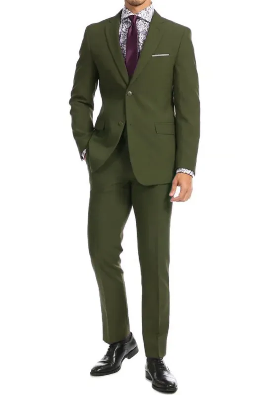"Olive Green Modern Fit Wool Feel Men's Two-Button Suit" sold by Alberto Nardoni