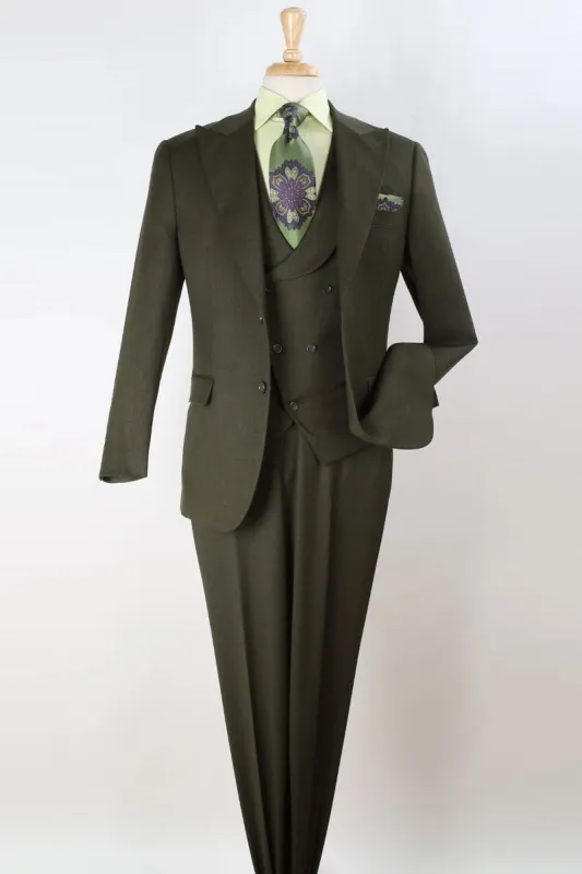 "Olive Green Wool Suit: Men's Double Breasted Vest with Wide Peak Lapel" sold by Alberto Nardoni