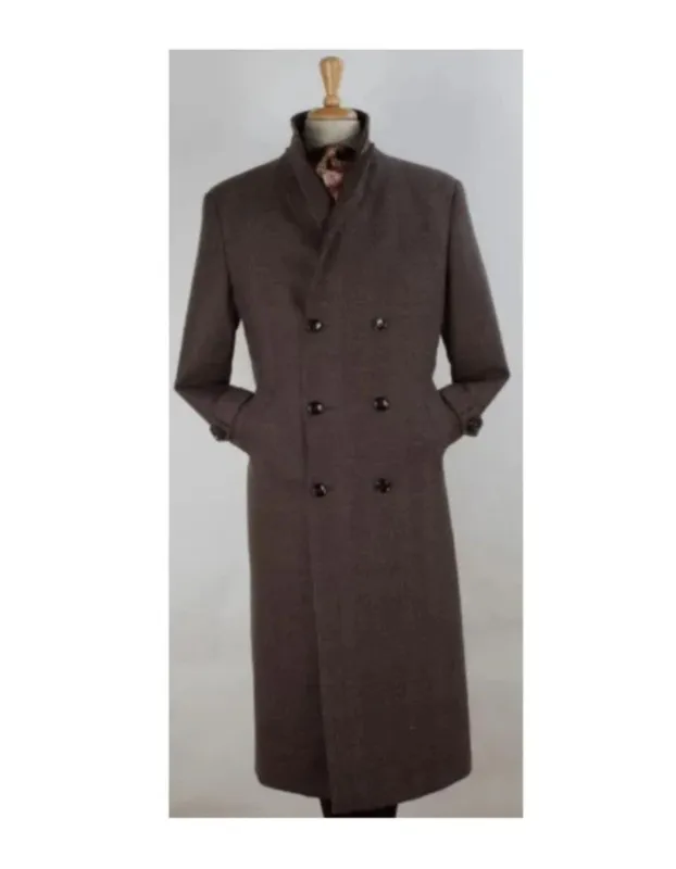 Double Breasted Wool Overcoat for Men - Full Length, Belted, Brown Herringbone sold by Alberto Nardoni