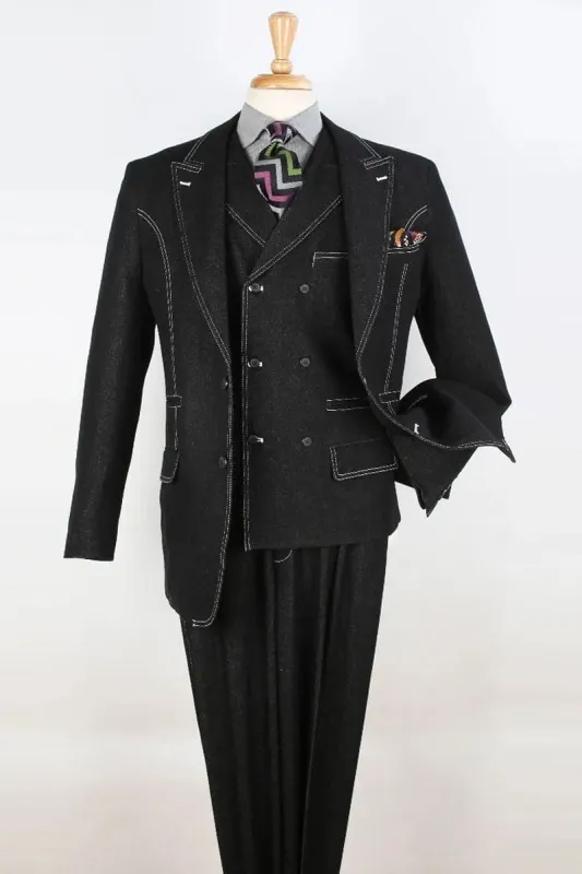 "Black Denim Suit: Men's Double Breasted Vest with Two Button Peak Lapel" sold by Alberto Nardoni