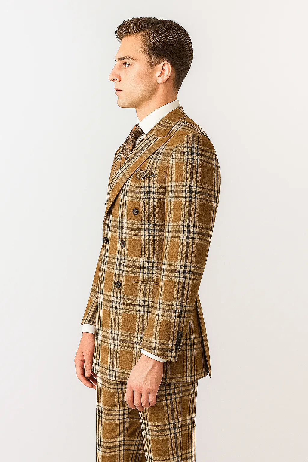 "Men's Double Breasted Wool Suit, Three Quarter Length, Tan & Brown Windowpane Plaid" sold by Alberto Nardoni product image thumbnail 4