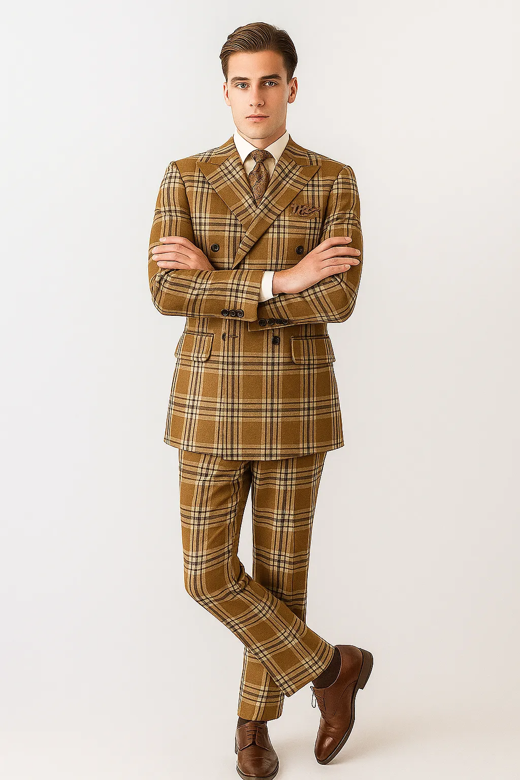 "Men's Double Breasted Wool Suit, Three Quarter Length, Tan & Brown Windowpane Plaid" sold by Alberto Nardoni product image thumbnail 3