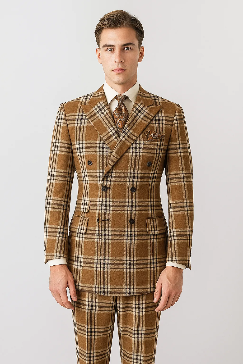 "Men's Double Breasted Wool Suit, Three Quarter Length, Tan & Brown Windowpane Plaid" sold by Alberto Nardoni