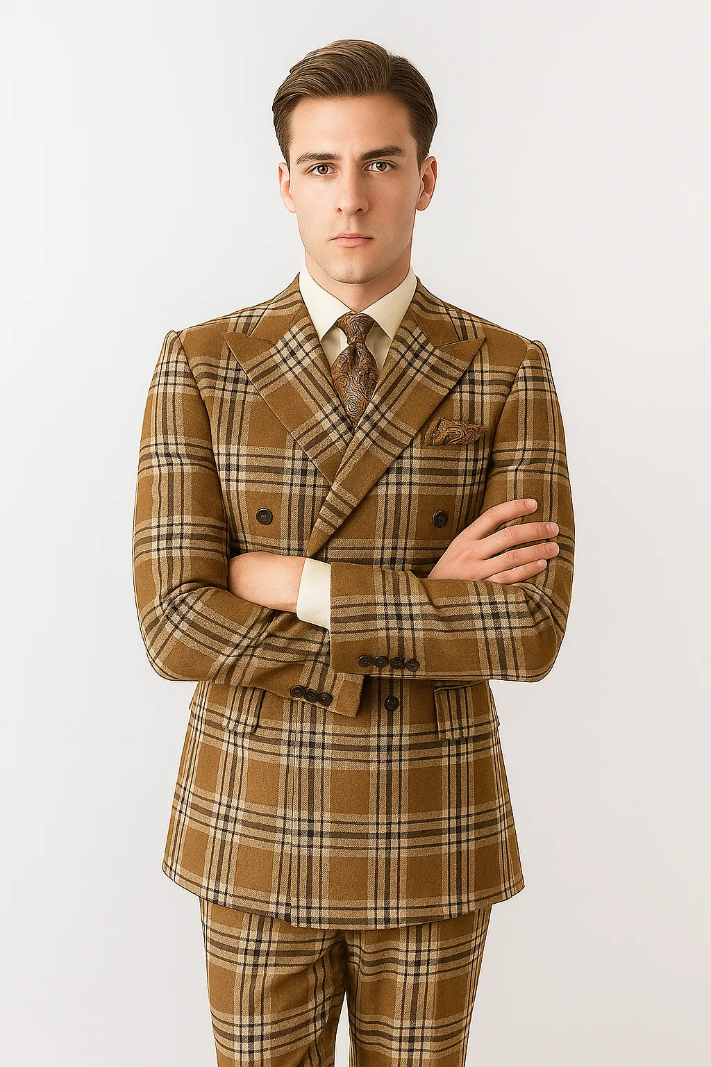 "Men's Double Breasted Wool Suit, Three Quarter Length, Tan & Brown Windowpane Plaid" sold by Alberto Nardoni product image thumbnail 2