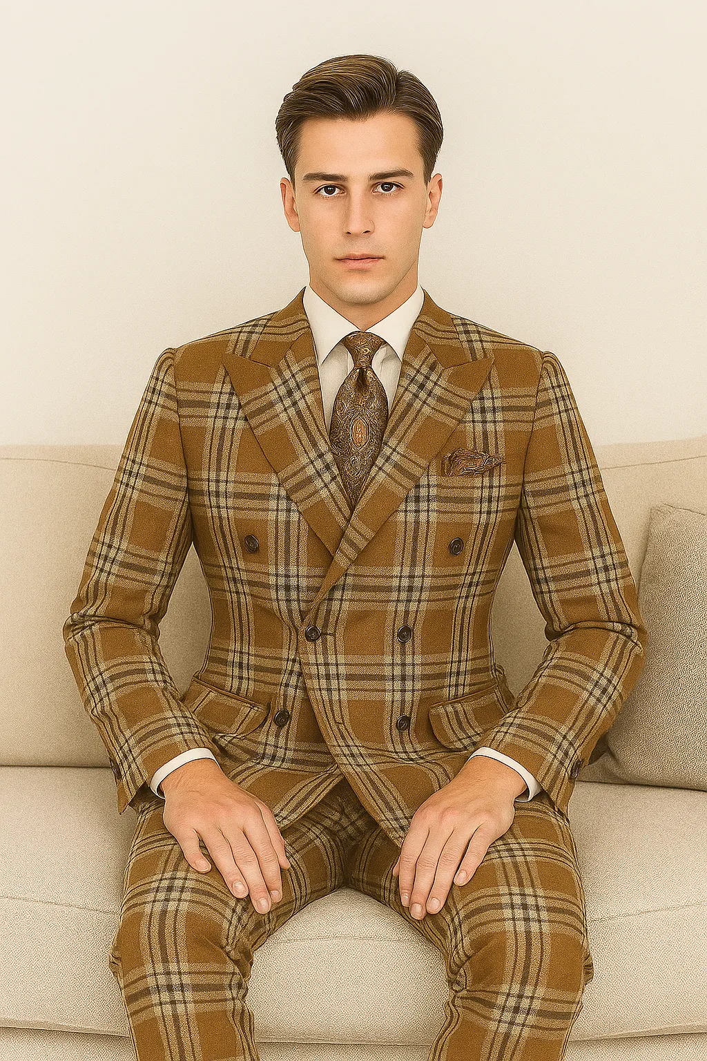 "Men's Double Breasted Wool Suit, Three Quarter Length, Tan & Brown Windowpane Plaid" sold by Alberto Nardoni product image thumbnail 5