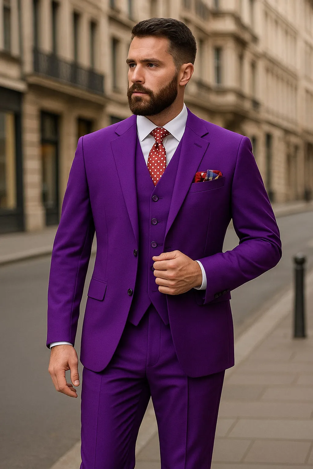 "Classic Fit Men's Suit - Two Button, Vested, Pleated Pant in Purple" sold by Alberto Nardoni