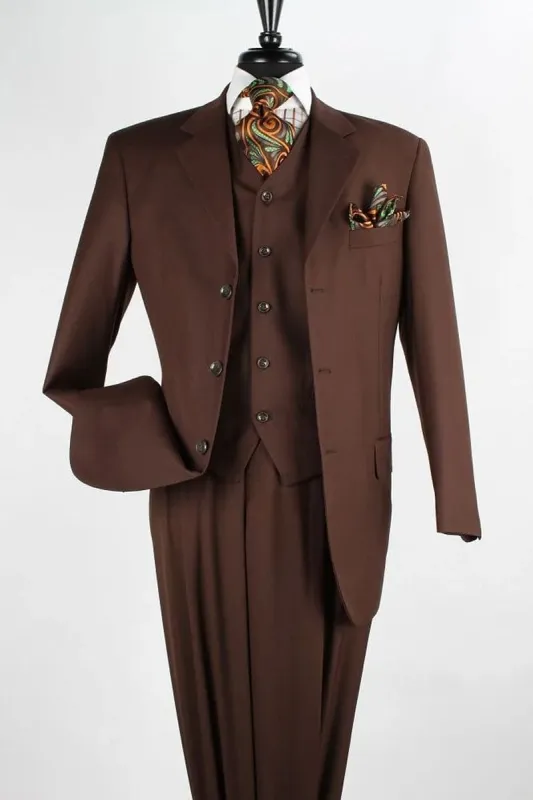 "Classic Fit Men's 3-Button Vested Suit with Single Pleated Pants - Chocolate Brown" sold by Alberto Nardoni