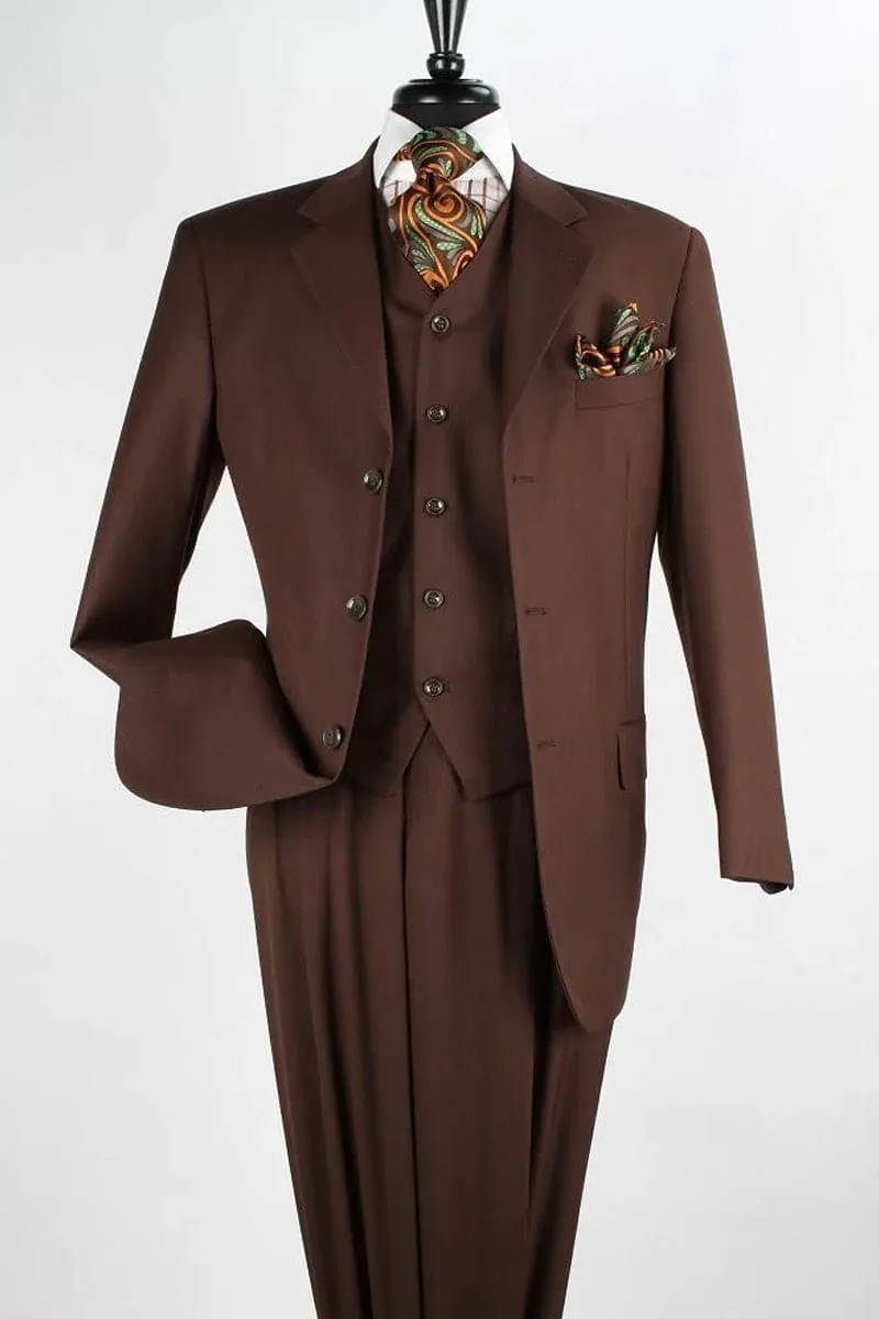 "Classic Fit Men's 3-Button Vested Suit with Single Pleated Pants - Chocolate Brown" sold by Alberto Nardoni