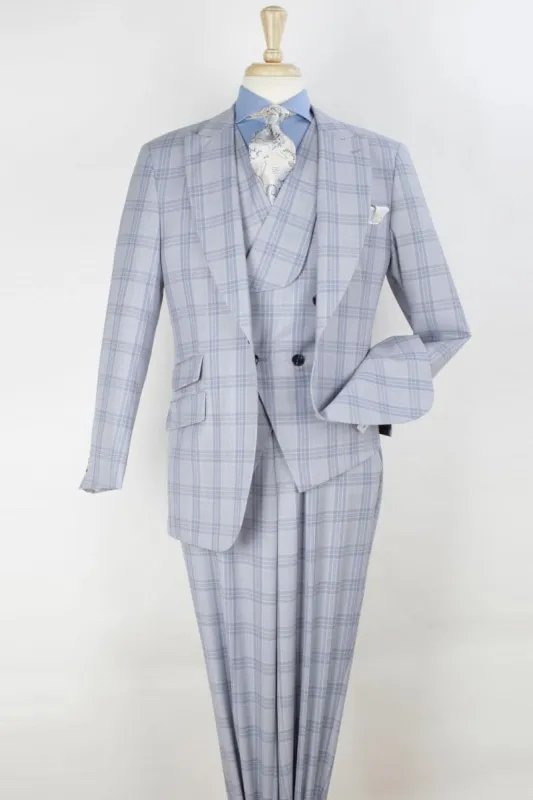 "Merino Wool Men's Suit - Light Grey Windowpane, One Button, Wide Peak Lapel" sold by Alberto Nardoni