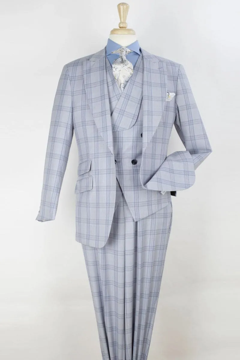 "Merino Wool Men's Suit - Light Grey Windowpane, One Button, Wide Peak Lapel" sold by Alberto Nardoni