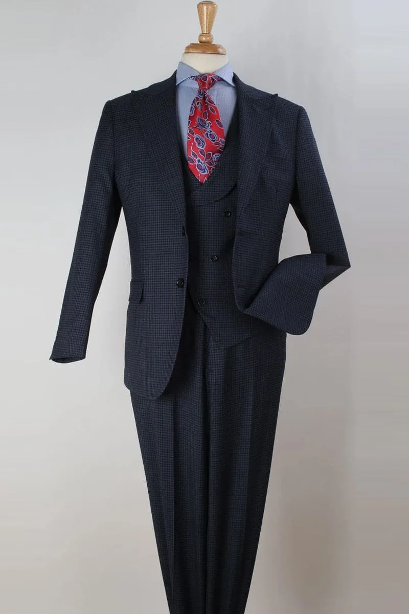 Apollo King "Blue Plaid Wool Suit: Double Breasted, Wide Peak Lapel, Two-Button Men's Vest" sold by Alberto Nardoni