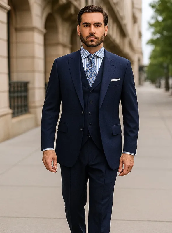 "Super 150's Merino Wool Men's Suit - Navy Blue, Wide Peak Lapel, Vested" sold by Alberto Nardoni