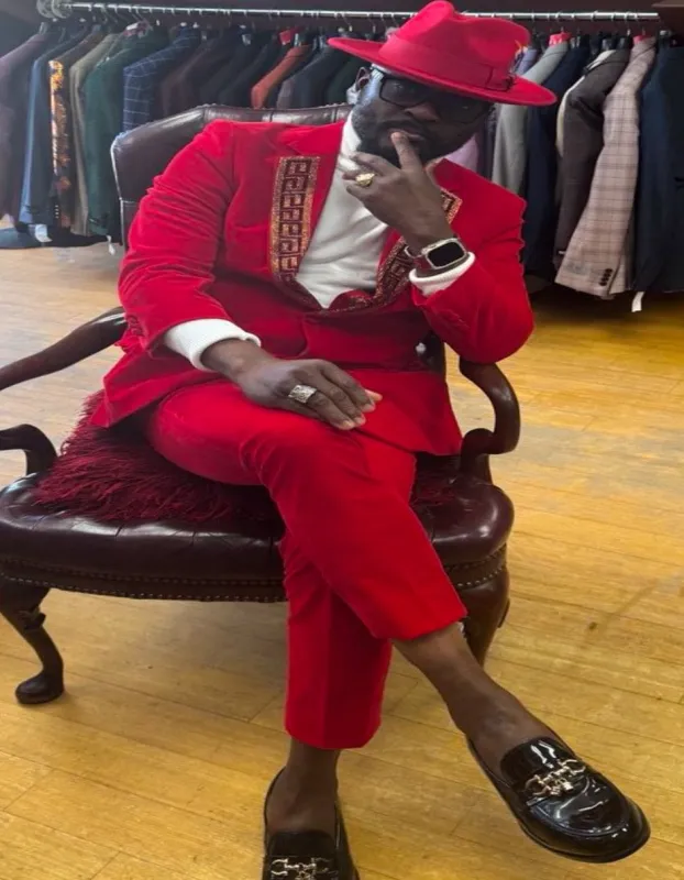 Red and Gold Tuxedo - Velvet Fabric Suit (Prom Velvet Blazer With Velvet Pants) sold by Alberto Nardoni