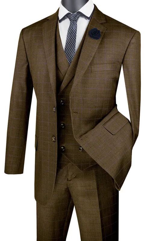 Venetian Collection - Taupe Regular Fit Glen Plaid 2 Button 3 Piece Suit sold by Alberto Nardoni