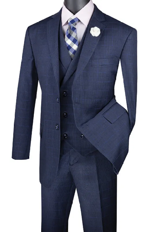 Venetian Collection - Navy Regular Fit Glen Plaid 2 Button 3 Piece Suit sold by Alberto Nardoni