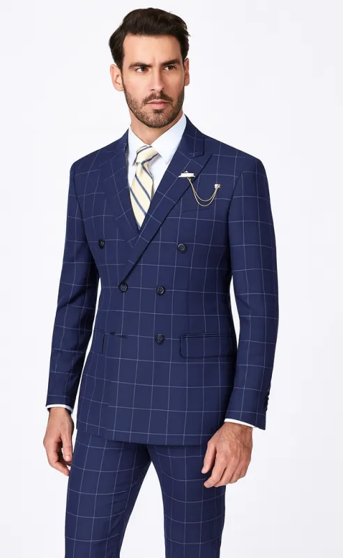 Naples Collection - Blue Modern Fit Double Breasted Windowpane Peak Lapel 2 Piece Suit sold by Alberto Nardoni