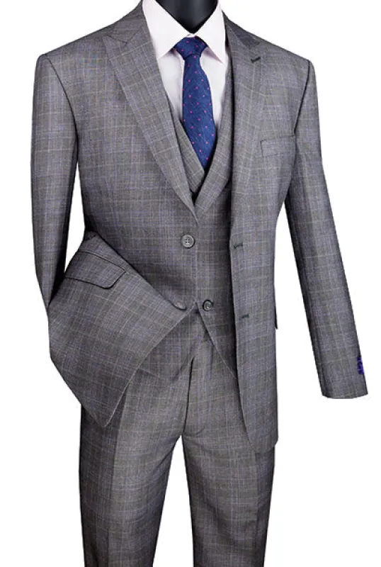Gray Modern Fit Glen Plaid 2 Button Peak Lapel 3 Piece Suit sold by Alberto Nardoni
