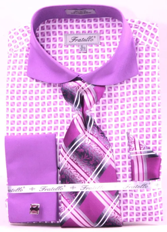 Lilac Check Men's French Cuff Shirt & Tie Set - Wide Spread Contrast Collar sold by Alberto Nardoni