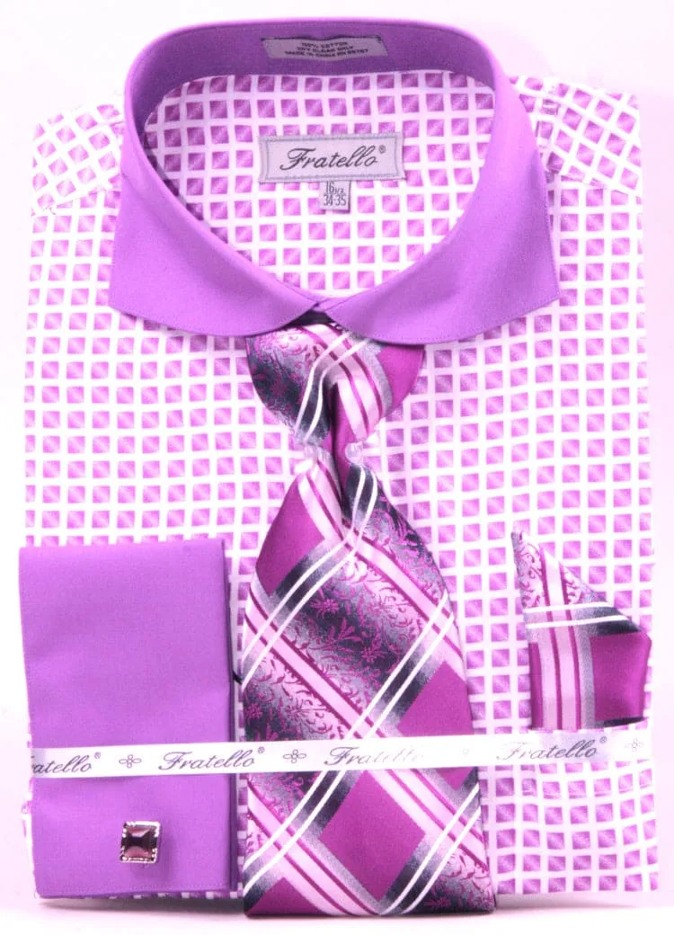 Lilac Check Men's French Cuff Shirt & Tie Set - Wide Spread Contrast Collar sold by Alberto Nardoni