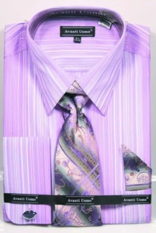 Lavender Men's French Cuff Dress Shirt Set with Tonal Stripe, Tie & Hanky sold by Alberto Nardoni