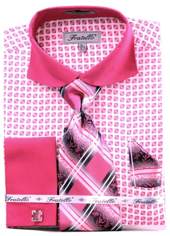 "Fuchsia Check Men's French Cuff Shirt & Tie Set with Rounded Wide Spread Collar" sold by Alberto Nardoni