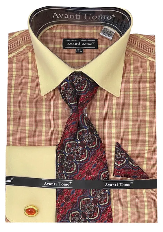 "Red Check Print Men's Dress Shirt Set - French Cuff, Contrast Collar" sold by Alberto Nardoni
