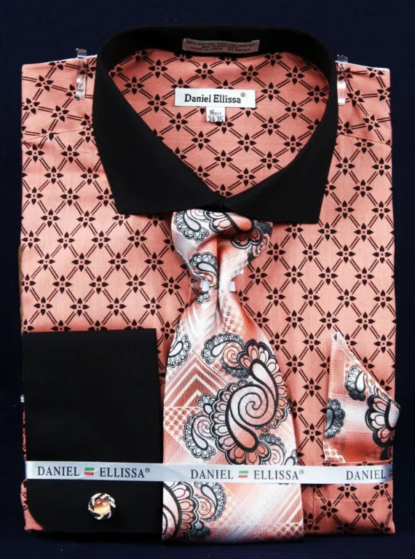 Floral Print Men's Dress Shirt & Tie Combo, Coral with Black Collar sold by Alberto Nardoni