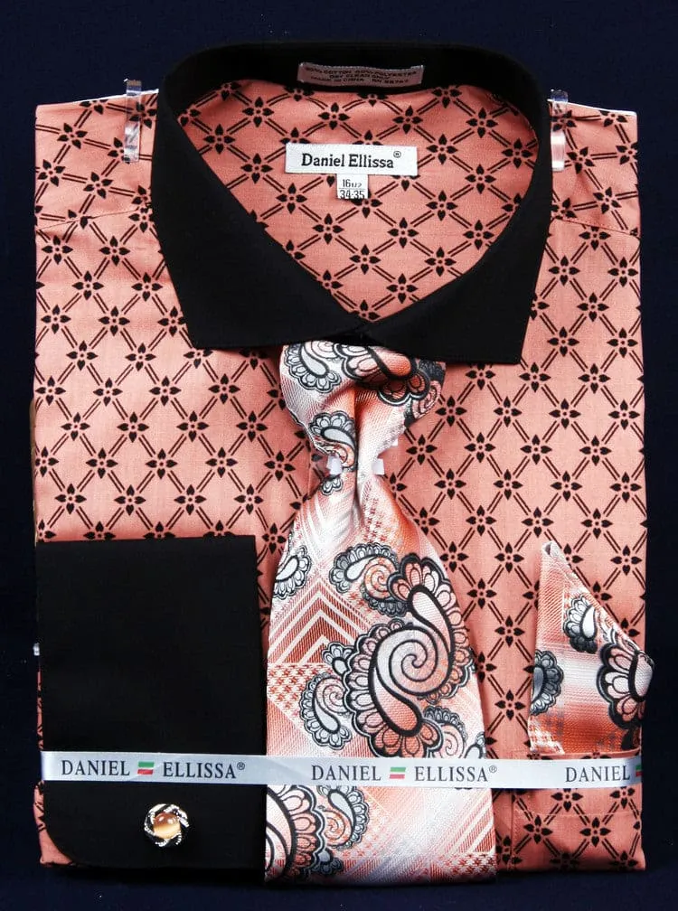 Floral Print Men's Dress Shirt & Tie Combo, Coral with Black Collar sold by Alberto Nardoni