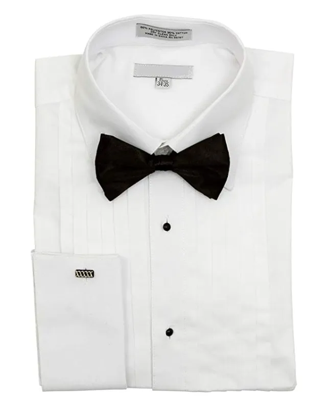 "Men's White Tuxedo Shirt Set - Regular Fit, Point Collar, Half-Inch Pleat & Bowtie" sold by Alberto Nardoni