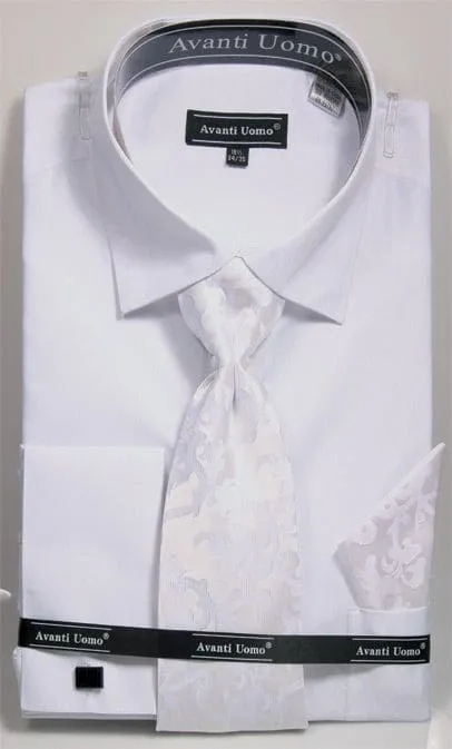 "White Men's Weave Pattern French Cuff Dress Shirt Set with Tie & Hanky" sold by Alberto Nardoni