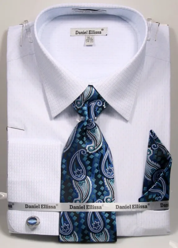 "Men's Regular Fit French Cuff Dress Shirt & Tie Set - Mini Plus Pattern, White & Blue" sold by Alberto Nardoni