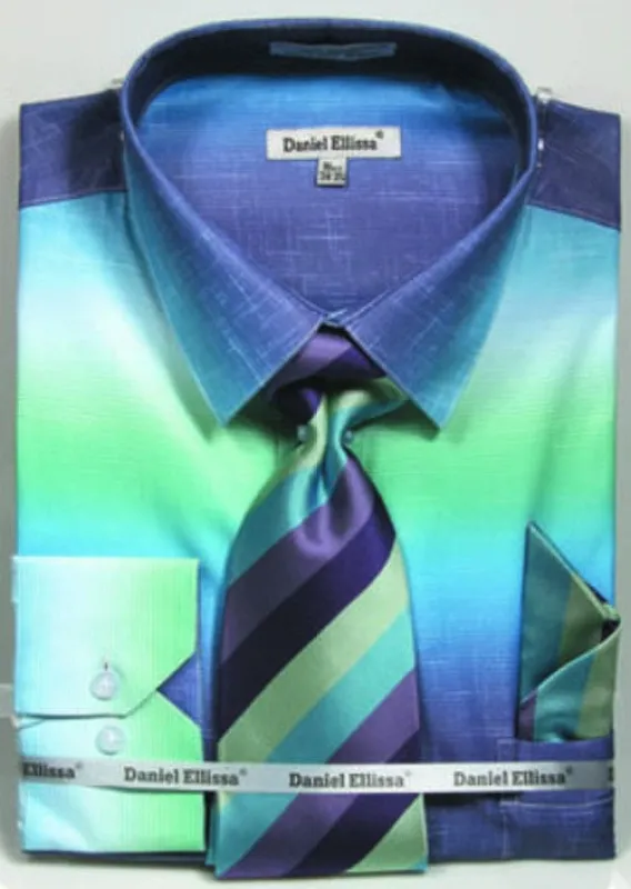 Aqua Blue Men's Dress Shirt & Tie Set - Multi-Color Faded Print sold by Alberto Nardoni