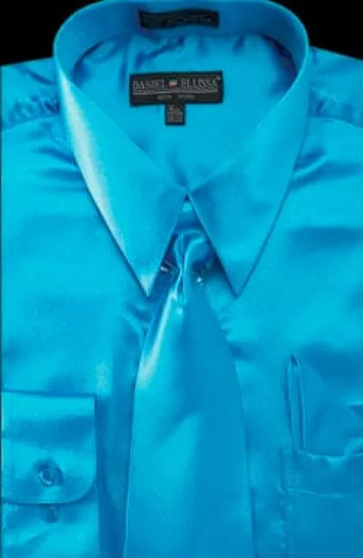 "Turquoise Satin Dress Shirt Set for Men - Regular Fit with Tie & Pocket Square" sold by Alberto Nardoni